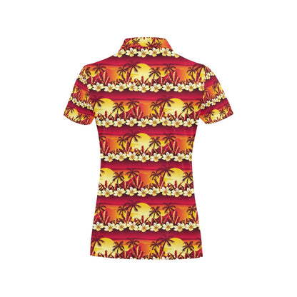 Hawaiian Tropical Sunset Hibiscus Print Women's Polo Shirt