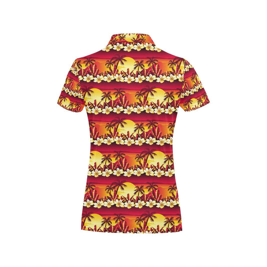 Hawaiian Tropical Sunset Hibiscus Print Women's Polo Shirt