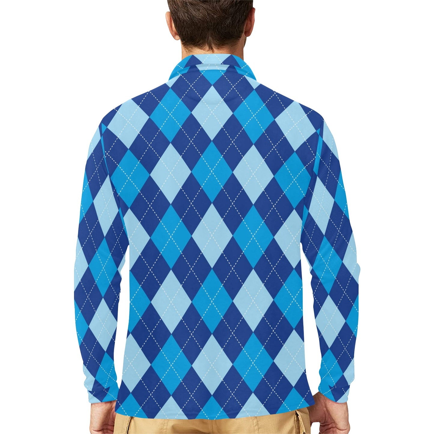 Argyle Blue Pattern Print Design 02 Long Sleeve Polo Shirt For Men's