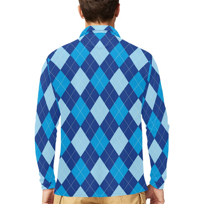 Argyle Blue Pattern Print Design 02 Long Sleeve Polo Shirt For Men's