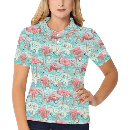 Flamingo Background Themed Print Women's Polo Shirt