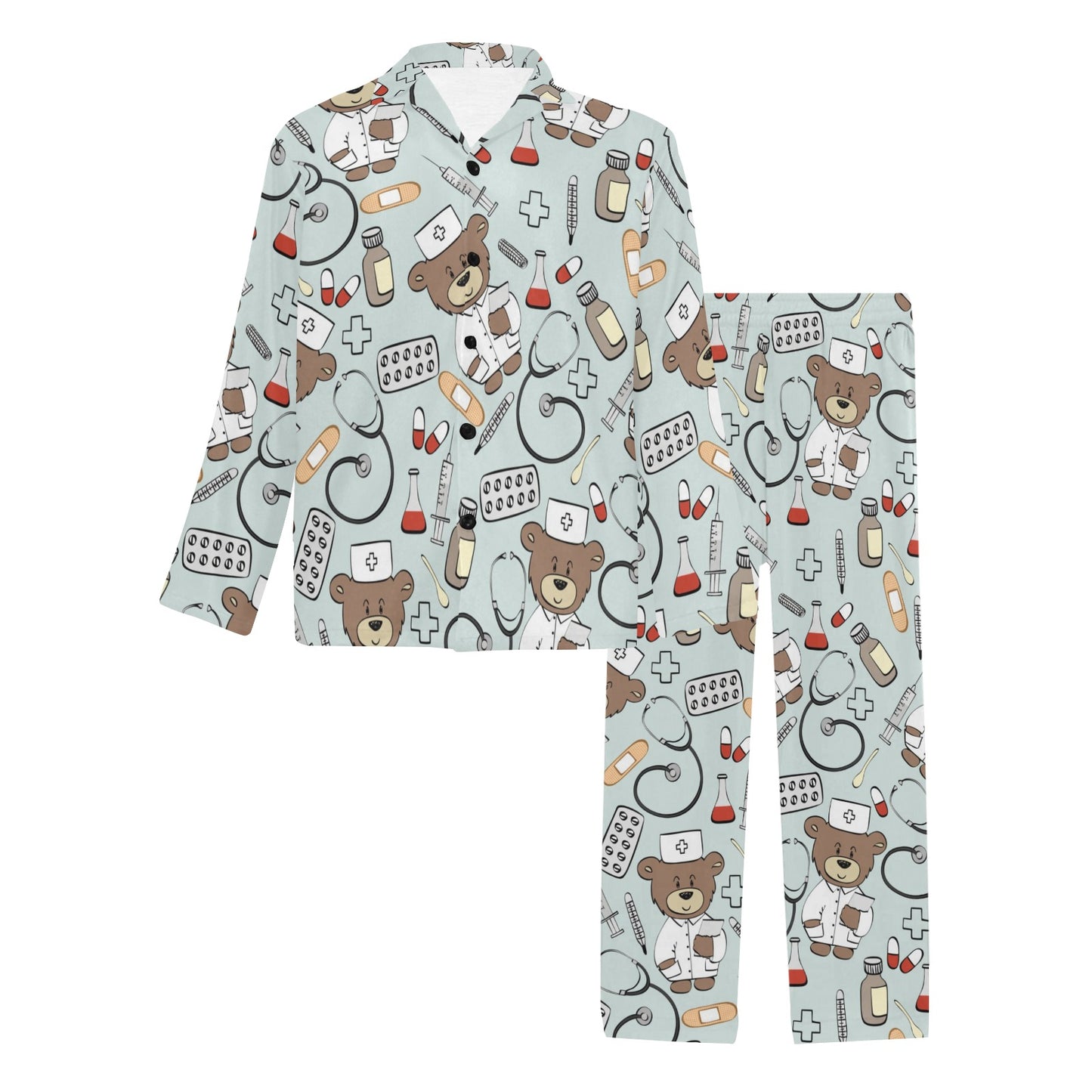 Nurse Bear Pattern Print Design A01 Men's Long Pajama Set