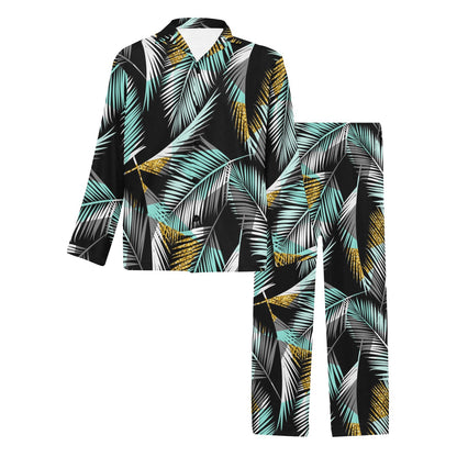 Gold Glitter Cyan Tropical Palm Leaves Men's Long Pajama Set