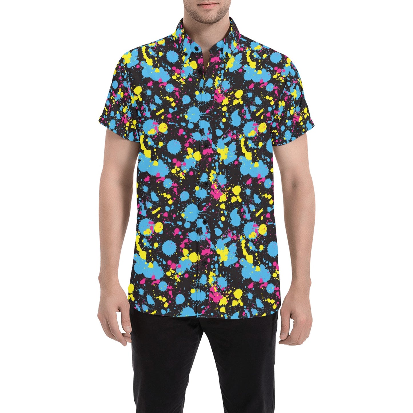 Splatter Colorful Print Design LKS301 Men Short Sleeve Button Up Shirt