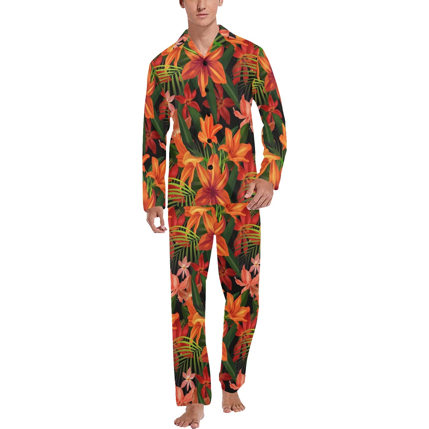 Amaryllis Pattern Print Design AL05 Men's Long Pajama Set