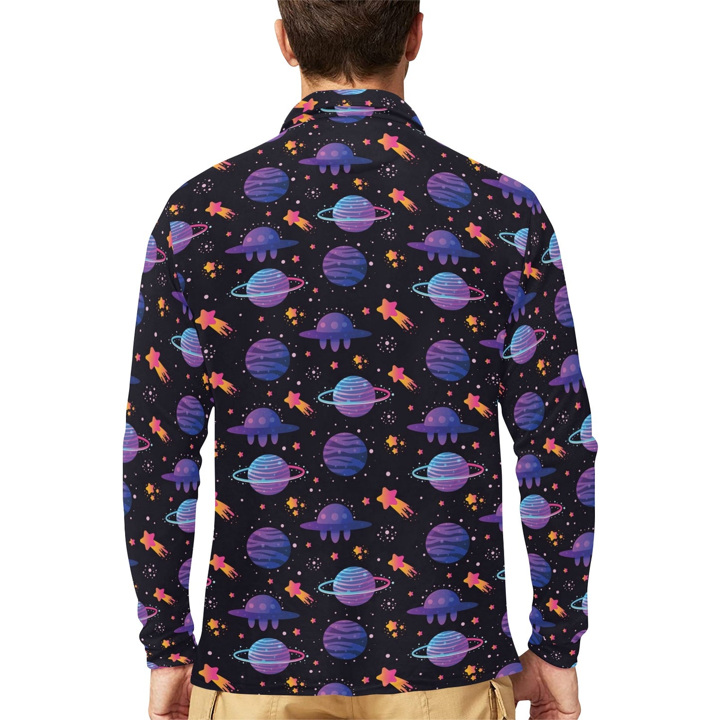 UFO Star Galaxy Print Design LKS308 Long Sleeve Polo Shirt For Men's