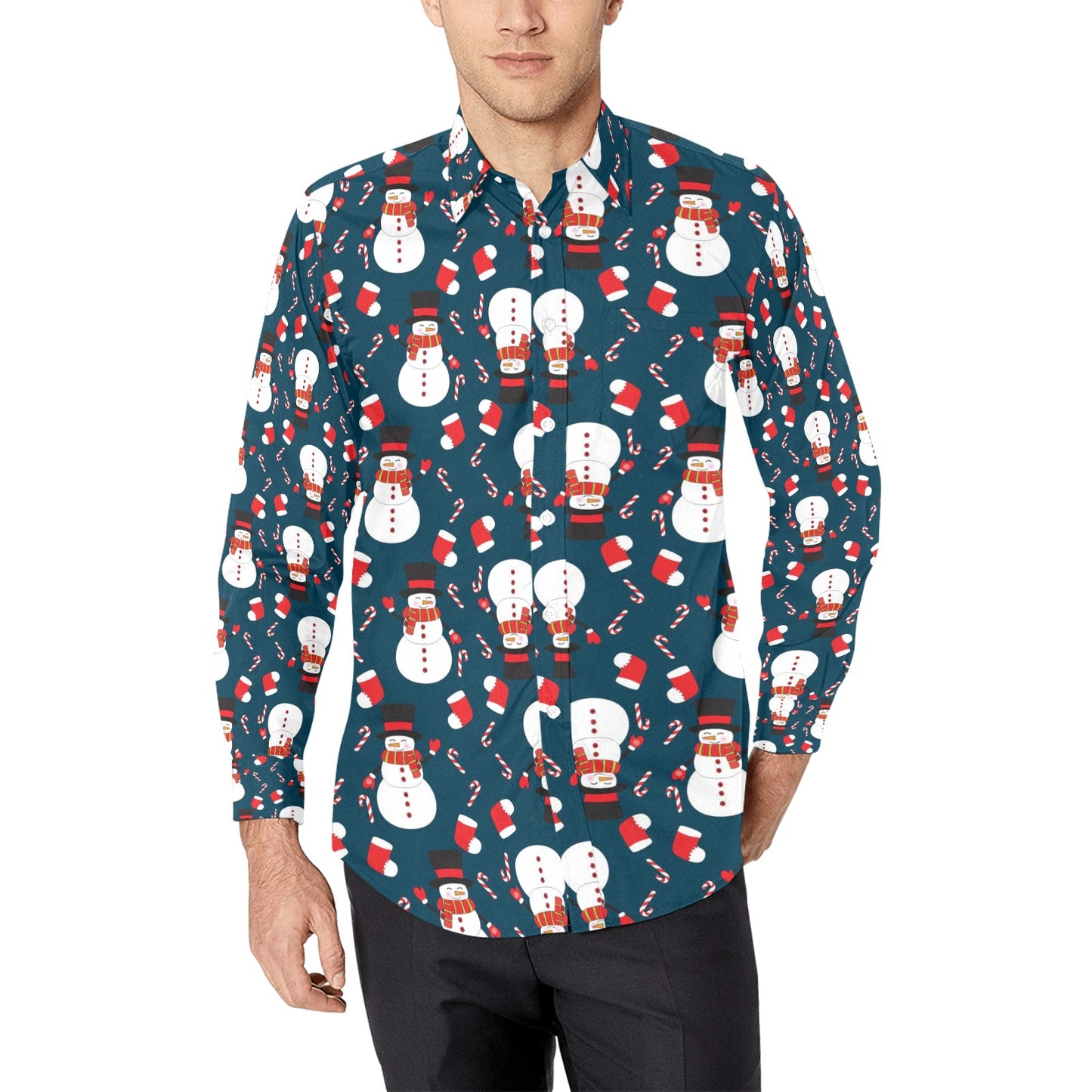 Snowman Print Design LKS301 Men's Long Sleeve Dress Shirt