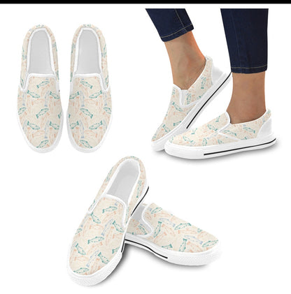 Salmon Fish Print Design LKS305 White Slip Ons Canvas Women's Shoes