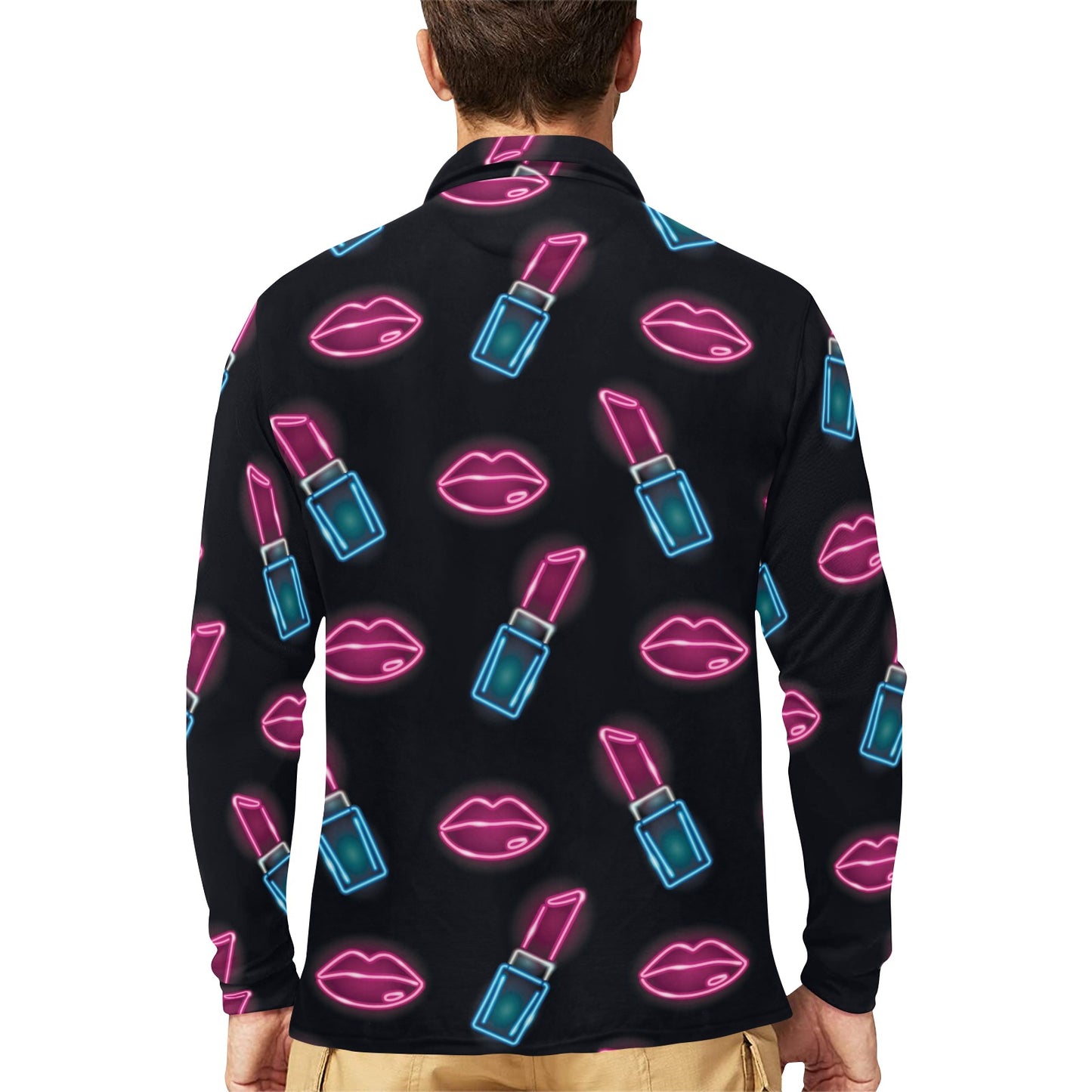 Lipstick Color Neon Pattern Print Design 03 Long Sleeve Polo Shirt For Men's