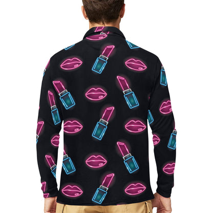 Lipstick Color Neon Pattern Print Design 03 Long Sleeve Polo Shirt For Men's