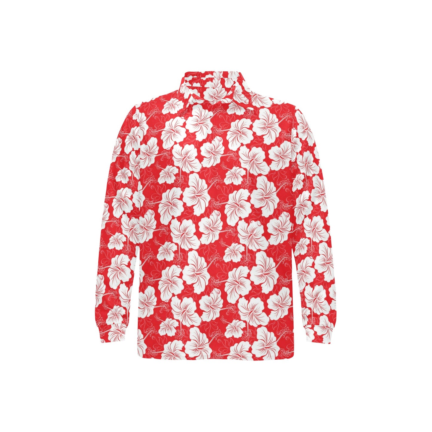 Flower Hawaiian Hibiscus Red Background Print Long Sleeve Polo Shirt For Men's