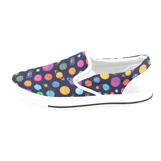 Planet Multicolor Print Design LKS302 White Slip Ons Canvas Women's Shoes