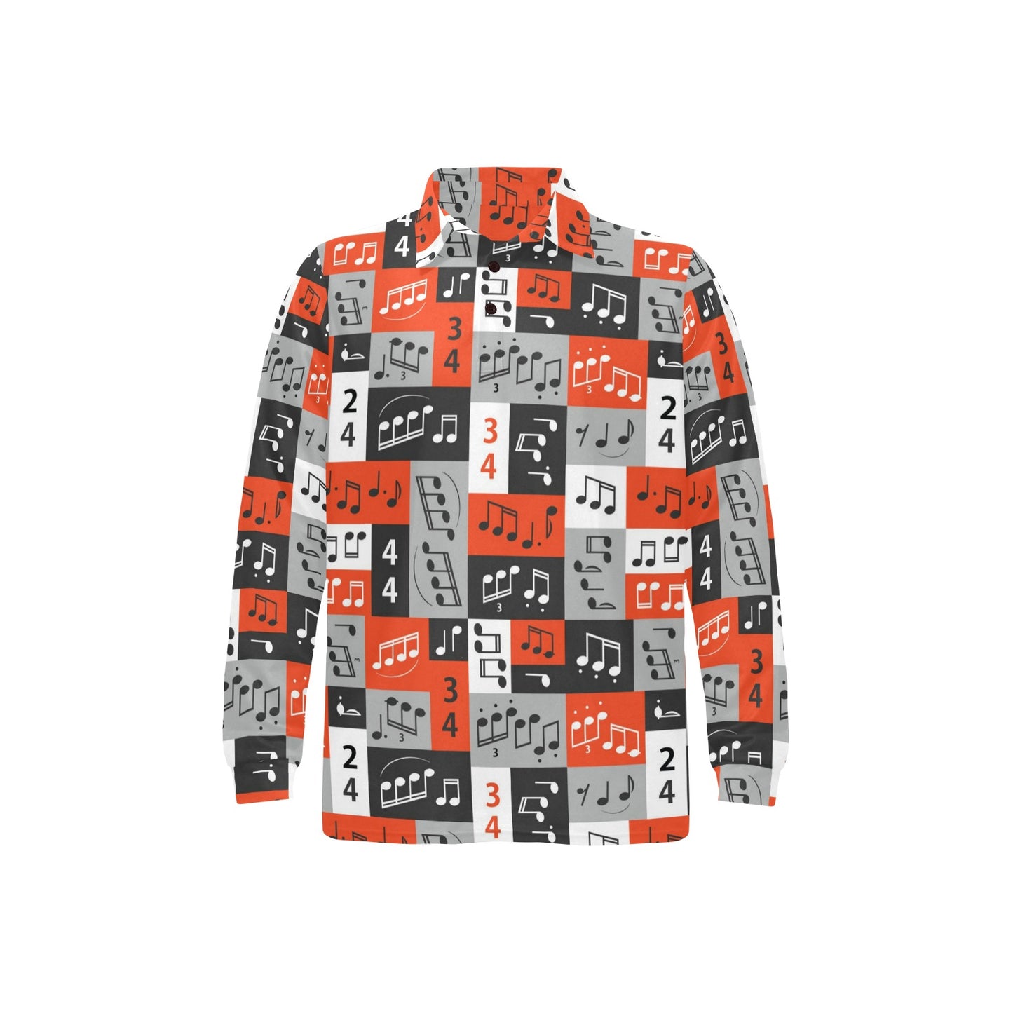 Music Note Design Themed Print Long Sleeve Polo Shirt For Men's