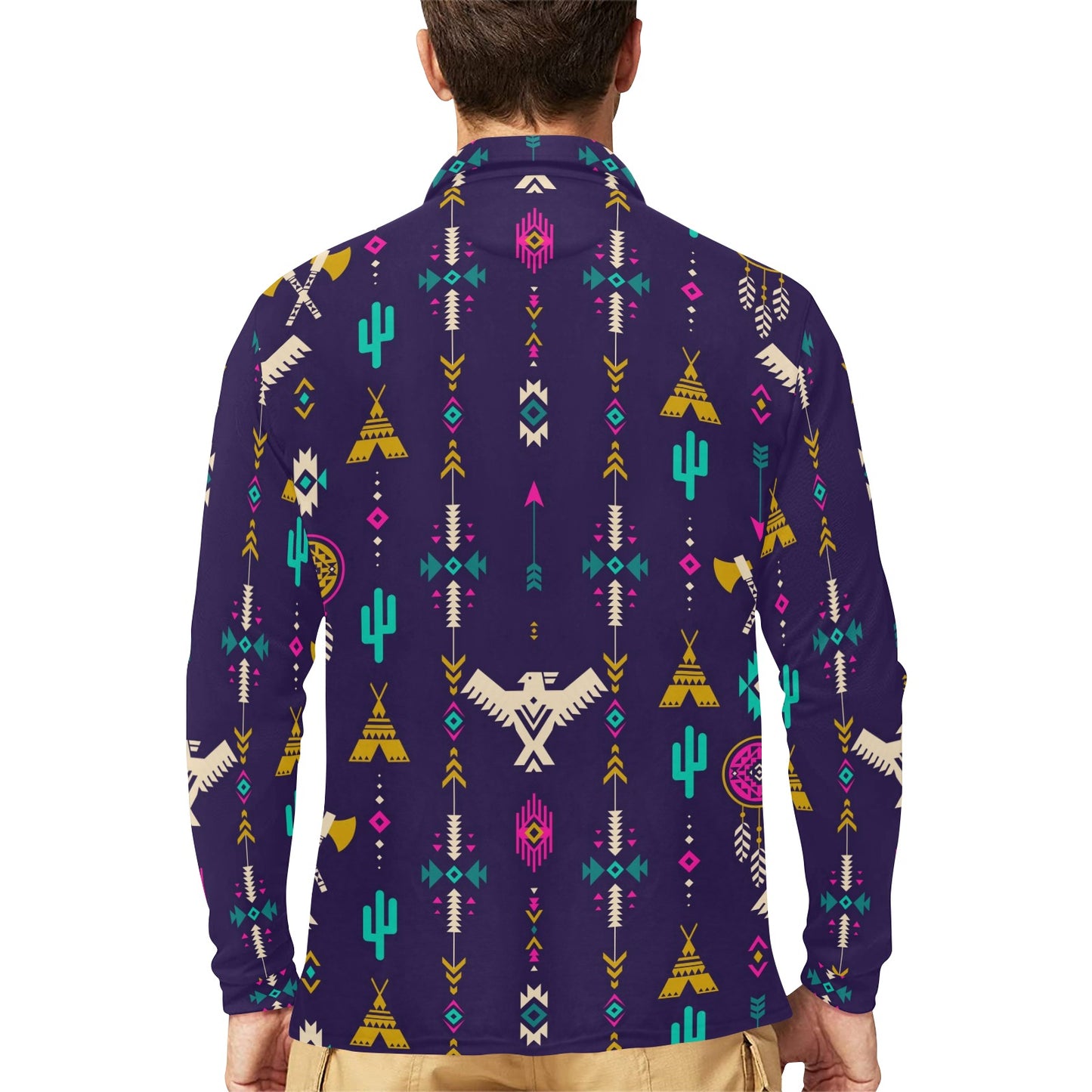 Native American Eagle Indian Pattern Long Sleeve Polo Shirt For Men's