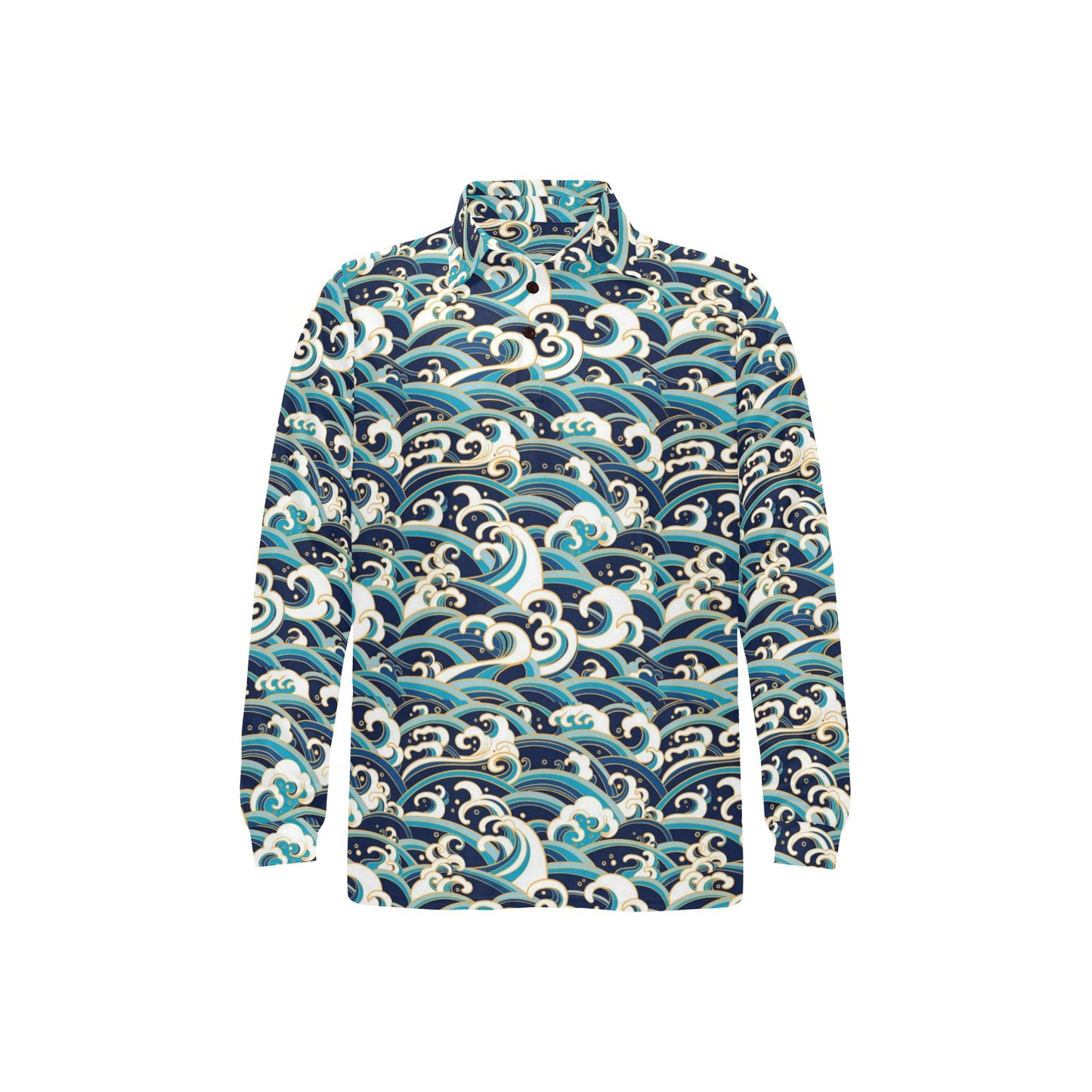 Surf Wave Pattern Long Sleeve Polo Shirt For Men's