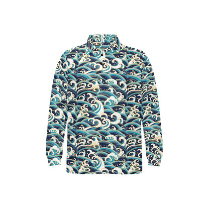 Surf Wave Pattern Long Sleeve Polo Shirt For Men's