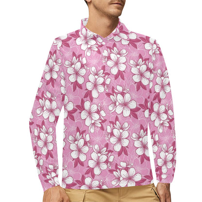 Cherry Blossom Pattern Print Design CB02 Long Sleeve Polo Shirt For Men's