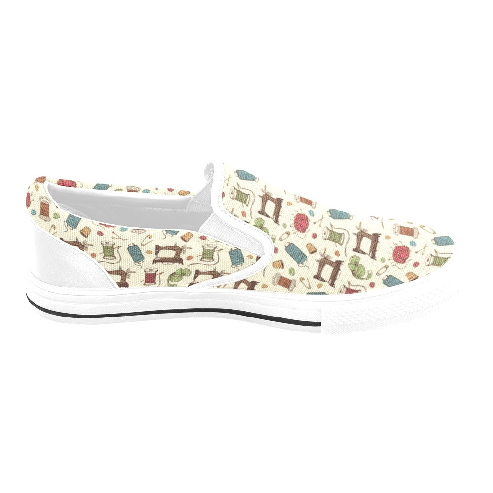 Sewing Equipment Print Design LKS303 White Slip Ons Canvas Women's Shoes