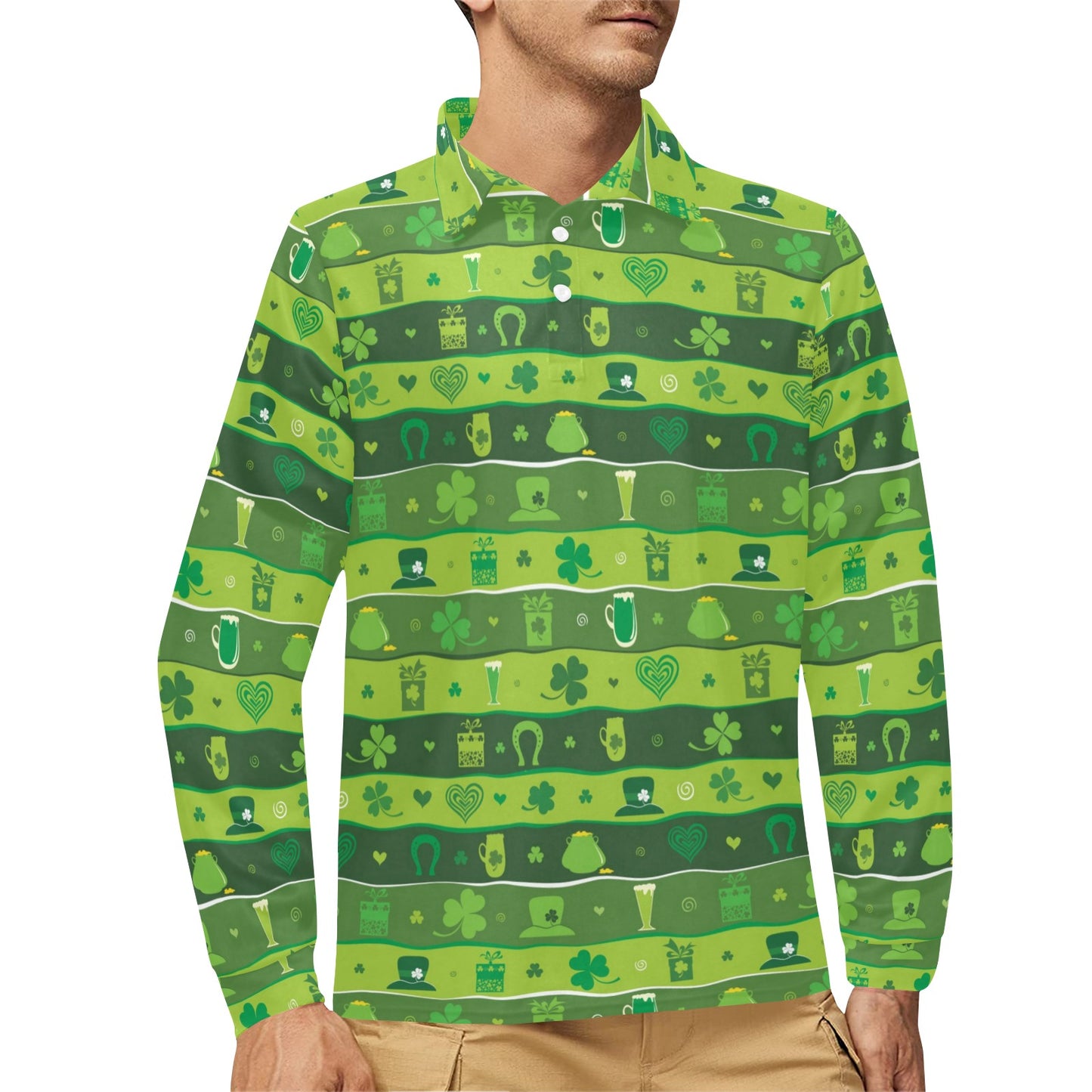 Shamrock Print Design LKS303 Long Sleeve Polo Shirt For Men's