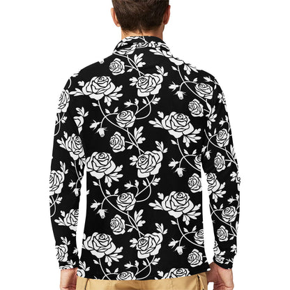 Rose Pattern Print Design RO013 Long Sleeve Polo Shirt For Men's