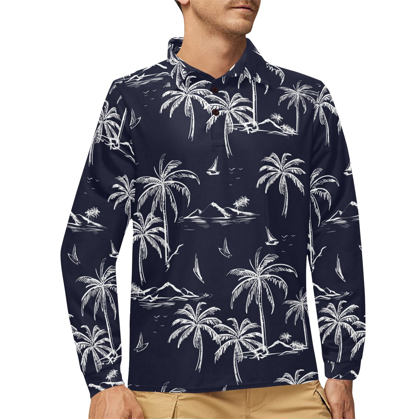 Pacific island Pattern Print Design A02 Long Sleeve Polo Shirt For Men's