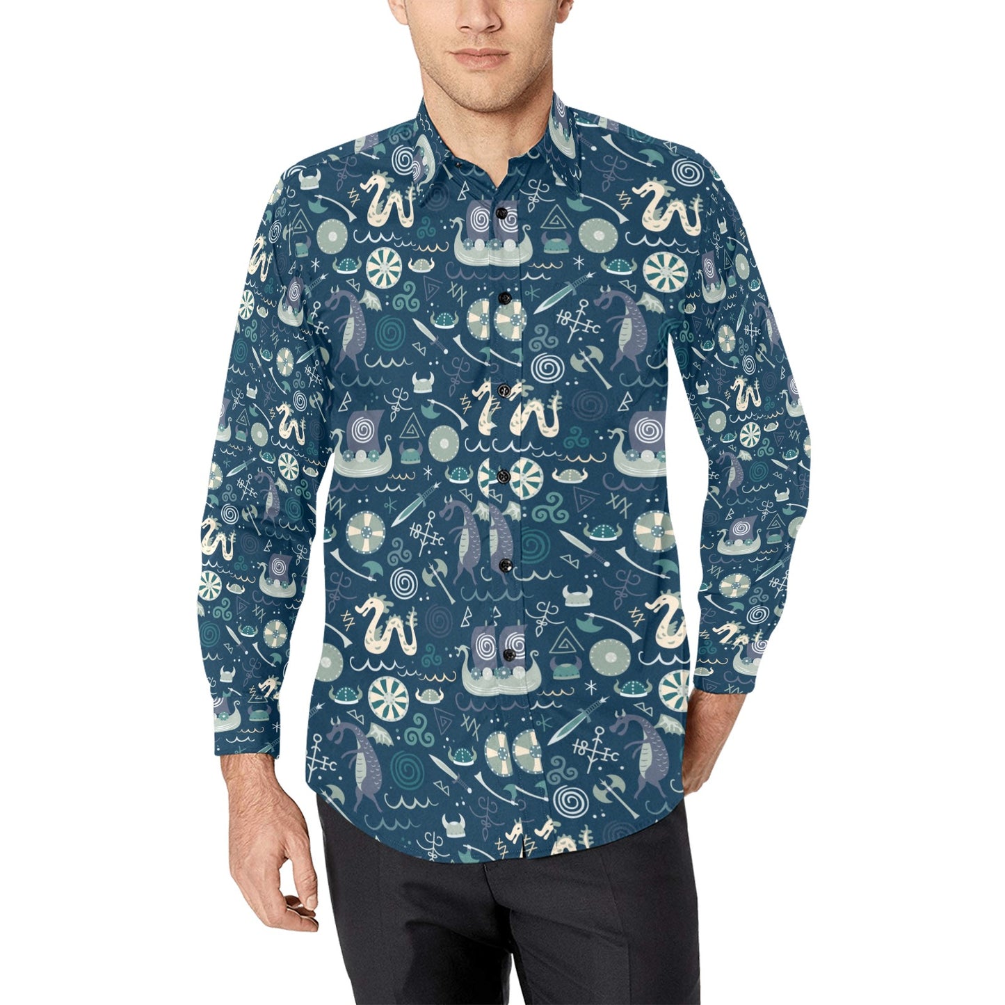 Vikings Print Design LKS305 Men's Long Sleeve Dress Shirt