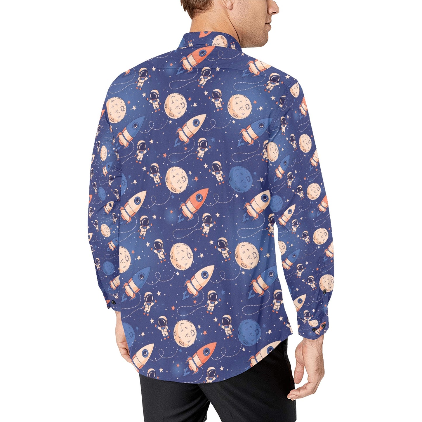 Space Astronaut Rocket Print Design LKS304 Men's Long Sleeve Dress Shirt