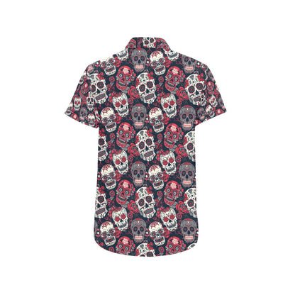 Sugar Skull Print Design LKS303 Men Short Sleeve Button Up Shirt