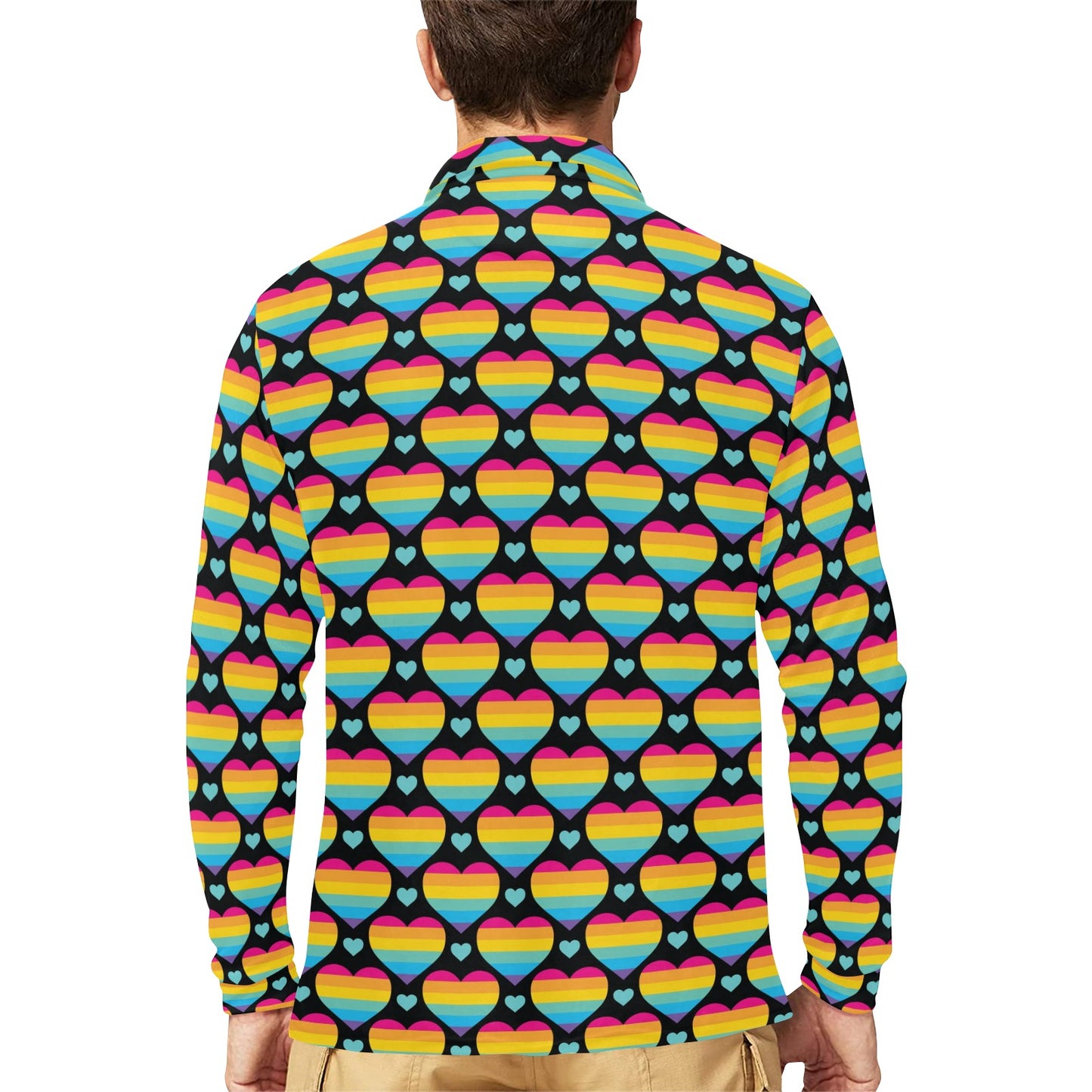 Rainbow Heart Print Pattern Long Sleeve Polo Shirt For Men's