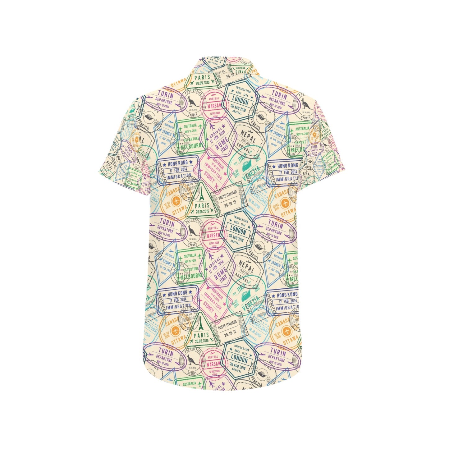 Travel Stamp Print Design LKS303 Men Short Sleeve Button Up Shirt