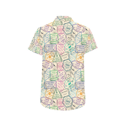 Travel Stamp Print Design LKS303 Men Short Sleeve Button Up Shirt