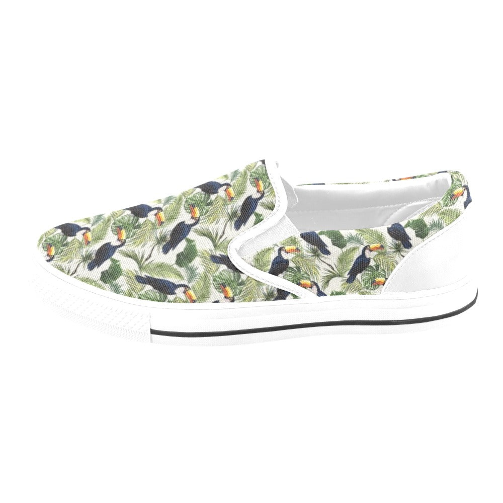 Toucan Print Design LKS308 White Slip Ons Canvas Women's Shoes