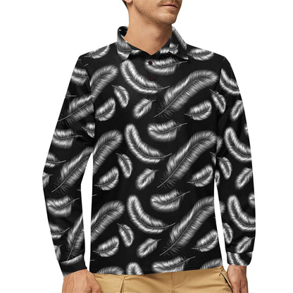 Feather Black White Design Print Long Sleeve Polo Shirt For Men's