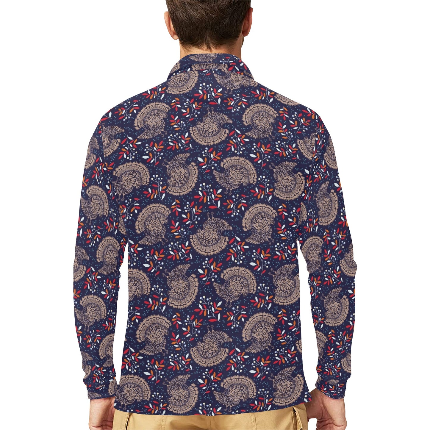Turkey Print Design LKS401 Long Sleeve Polo Shirt For Men's
