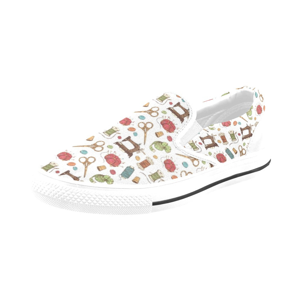 Sewing Equipment Print Design LKS304 White Slip Ons Canvas Women's Shoes