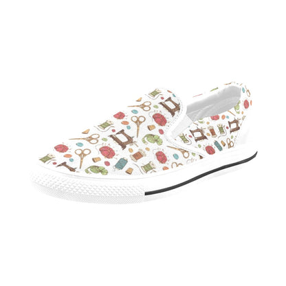 Sewing Equipment Print Design LKS304 White Slip Ons Canvas Women's Shoes