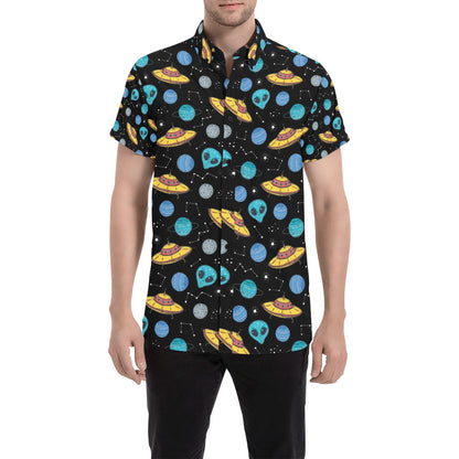 UFO Alien Print Design LKS306 Men Short Sleeve Button Up Shirt