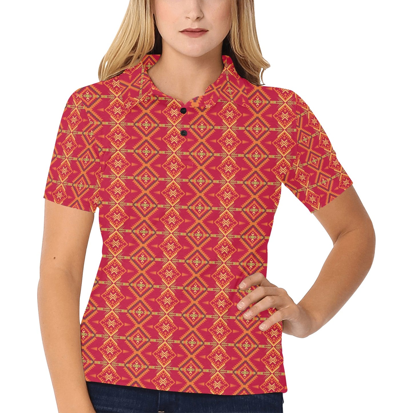 Southwest Aztec Design Themed Print Women's Polo Shirt