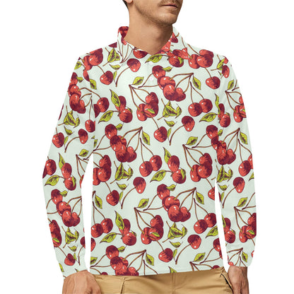 Cherry Hand Draw Long Sleeve Polo Shirt For Men's