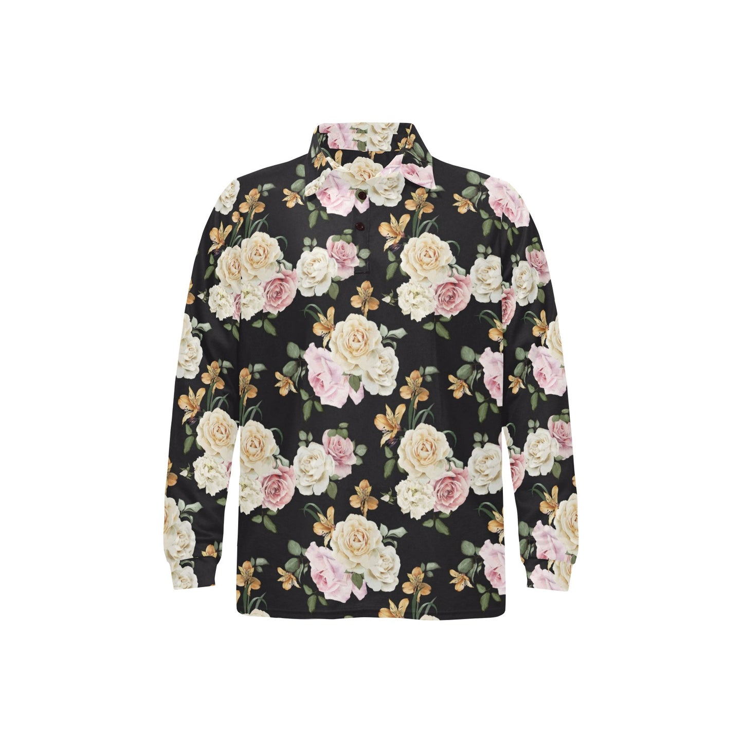Rose Pattern Print Design A01 Long Sleeve Polo Shirt For Men's