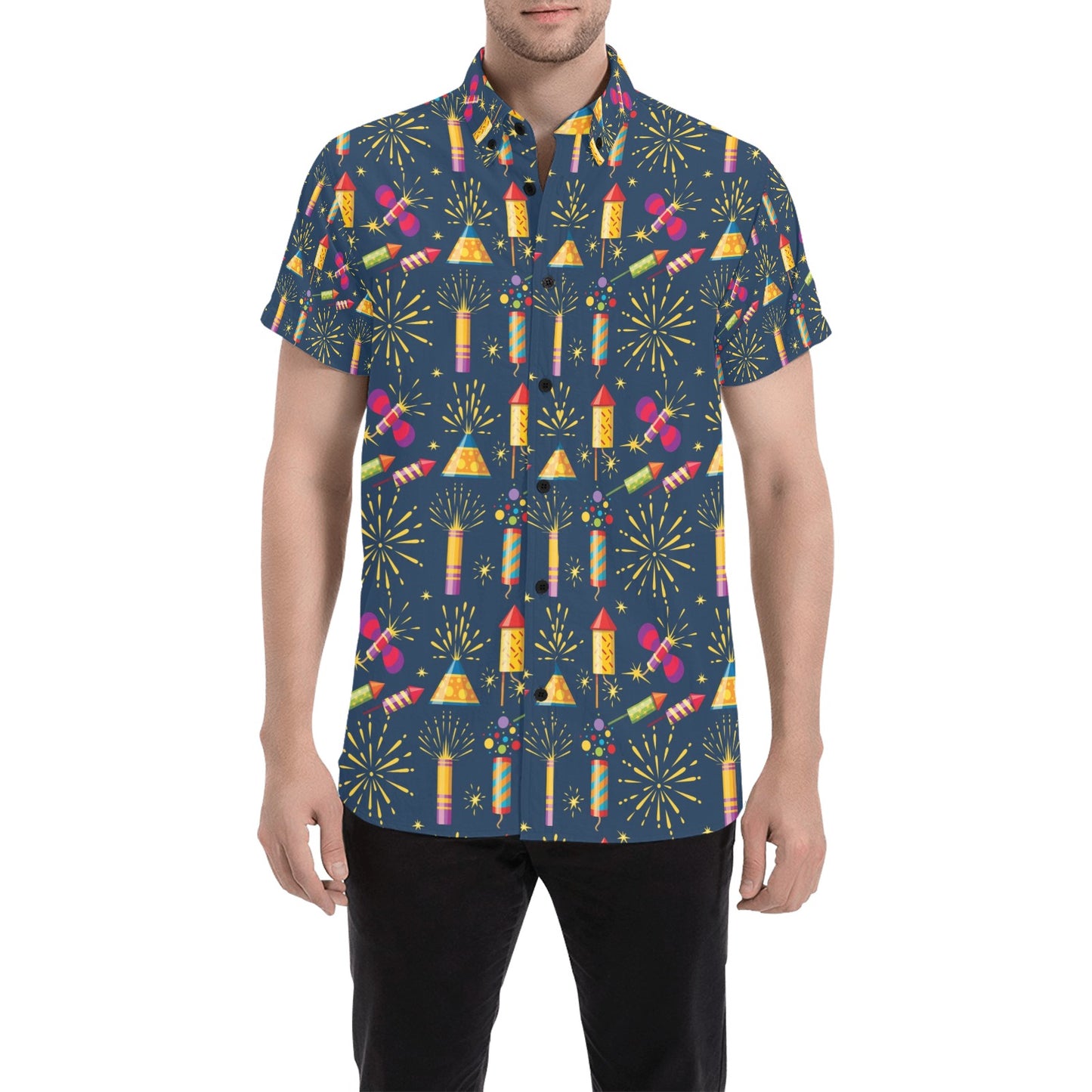 Firework Sparkling Rockets Print Design LKS306 Men Short Sleeve Button Up Shirt
