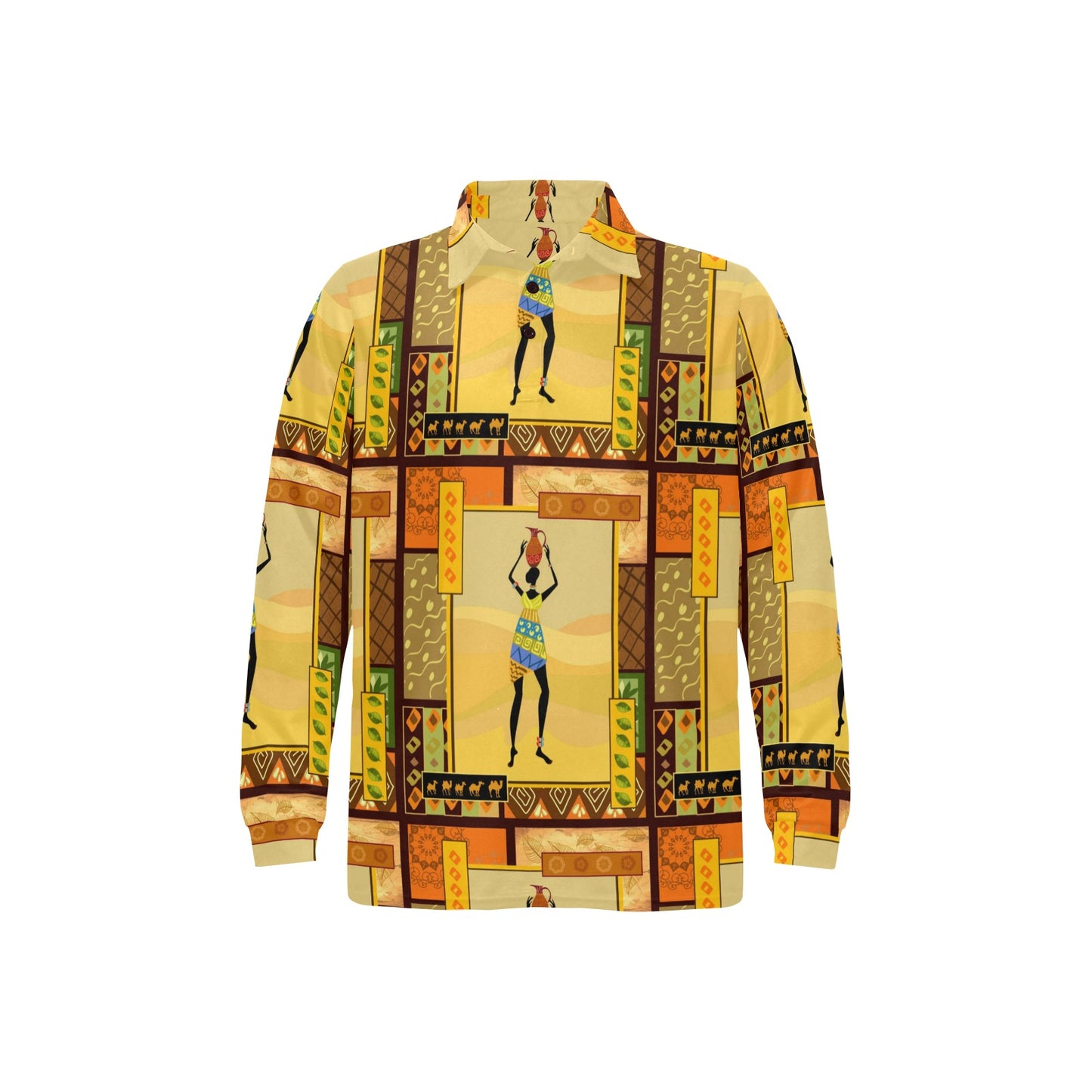 African Girl Design Long Sleeve Polo Shirt For Men's