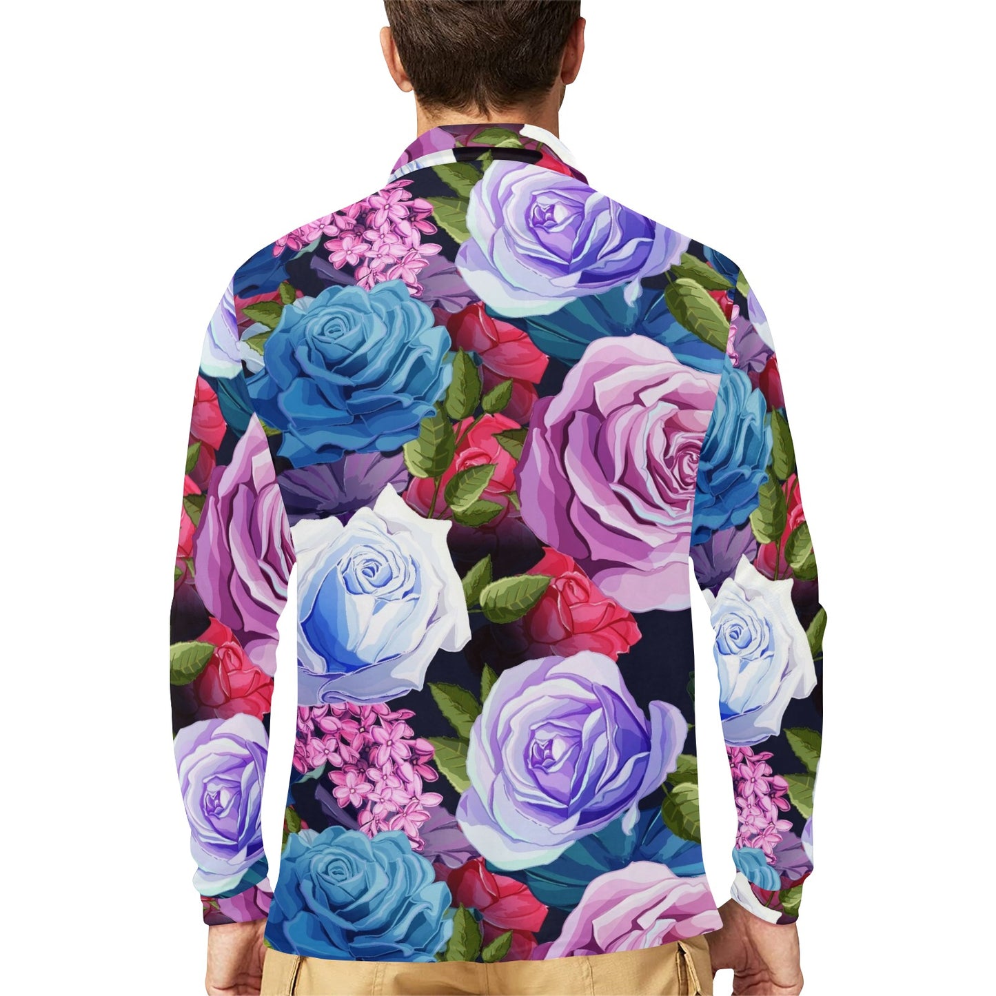Rose Pattern Print Design RO09 Long Sleeve Polo Shirt For Men's