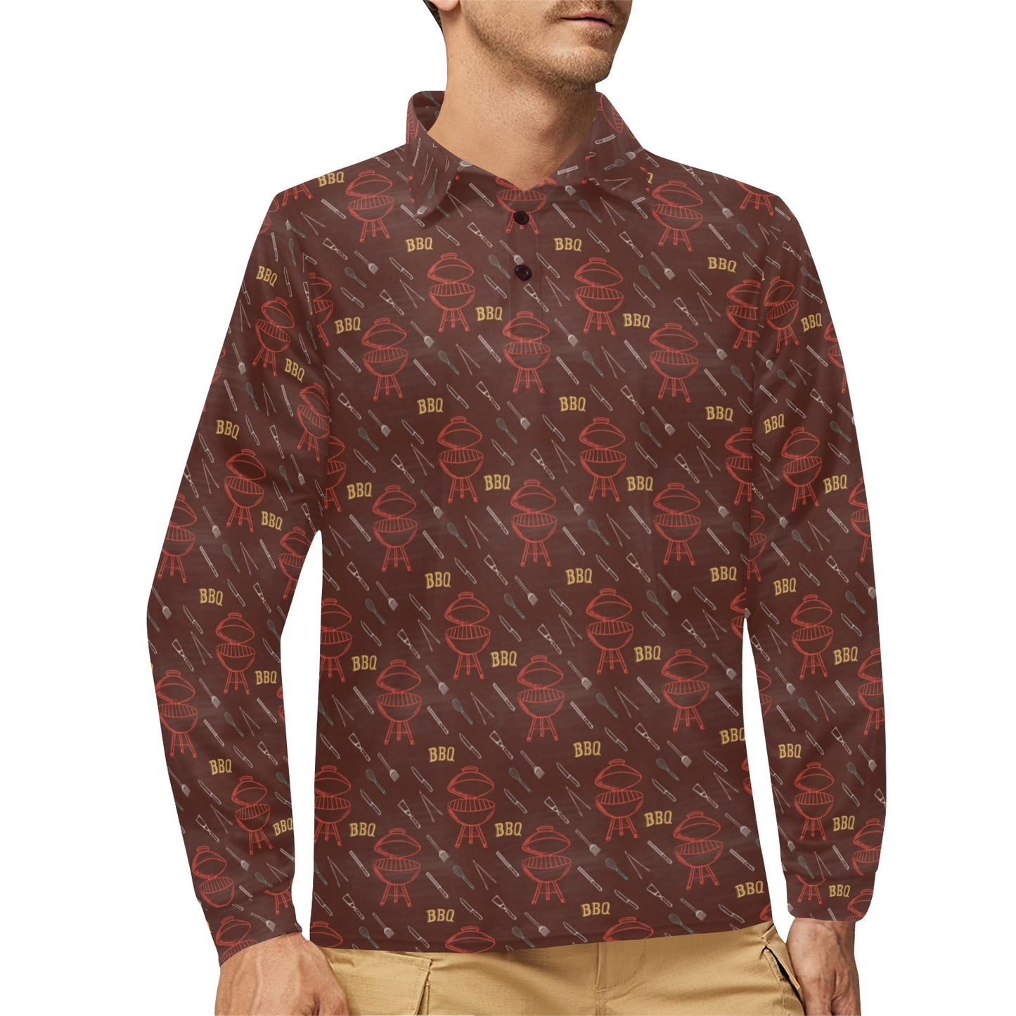 Barbecue Pattern Print Design 01 Long Sleeve Polo Shirt For Men's