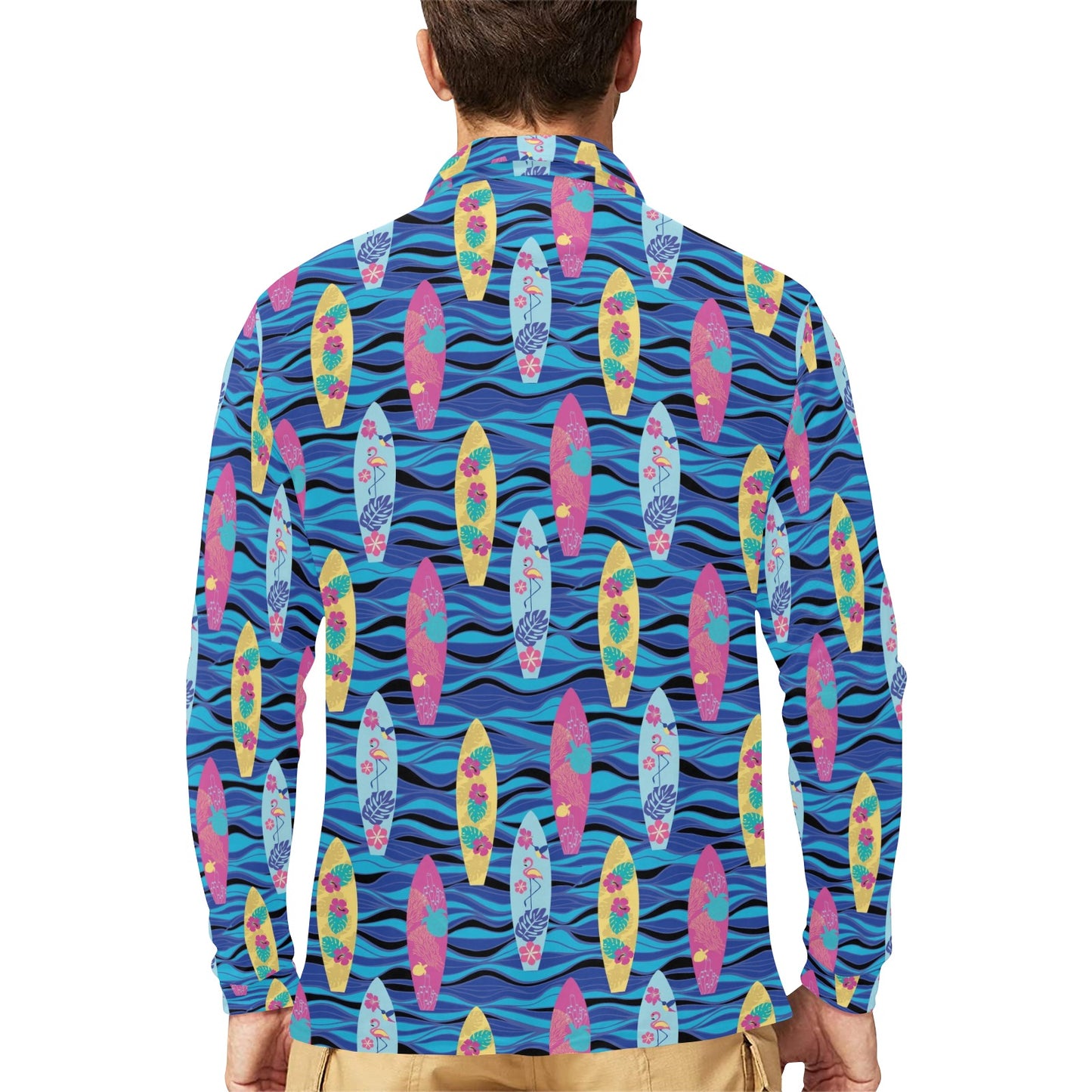Surfboard Print Design LKS304 Long Sleeve Polo Shirt For Men's