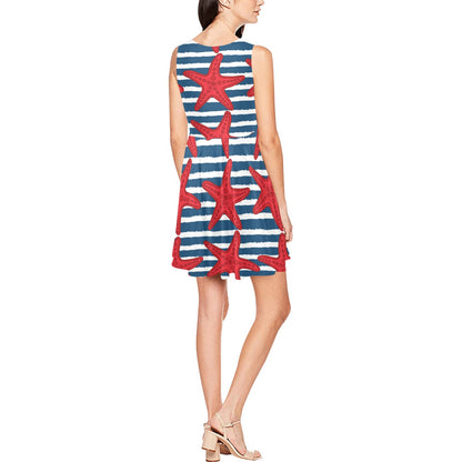 Starfish Red Pattern Print Design 02 Sleeveless Dress