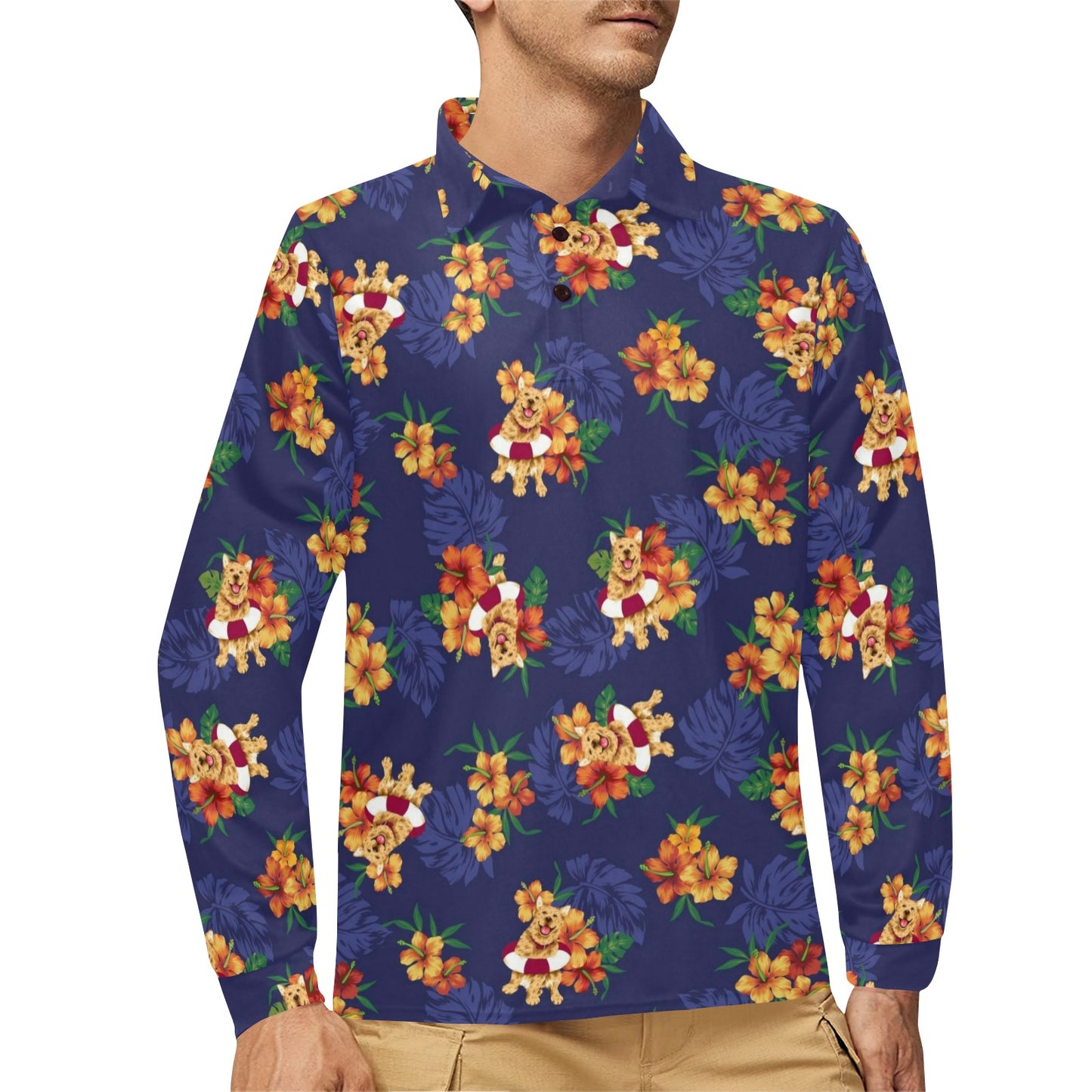 Hawaiian Themed Pattern Print Design H02 Long Sleeve Polo Shirt For Men's