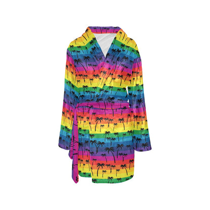Palm Tree Rainbow Themed Print Women's Fleece Robe