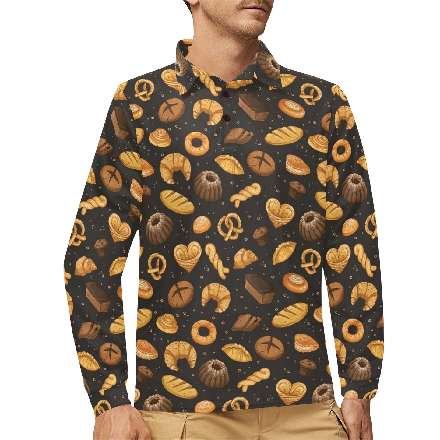 Bread Pattern Print Design 05 Long Sleeve Polo Shirt For Men's