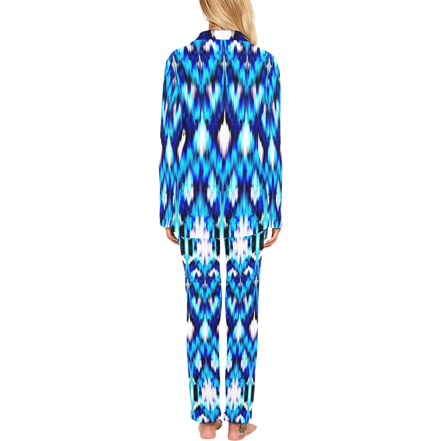 Ikat Blue Pattern Print Design 01 Women's Long Pajama Set